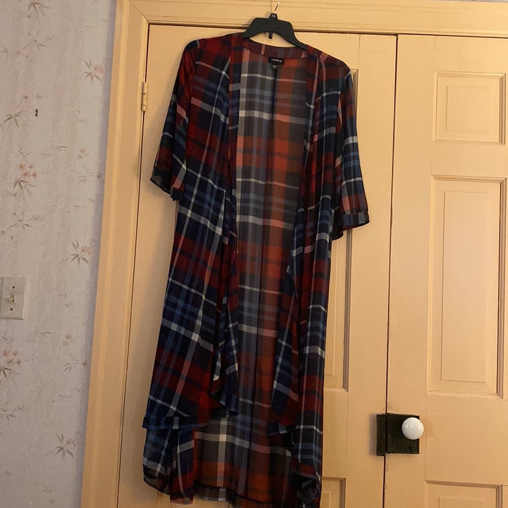 Blue & Plaid Midi Chiffon Kimono